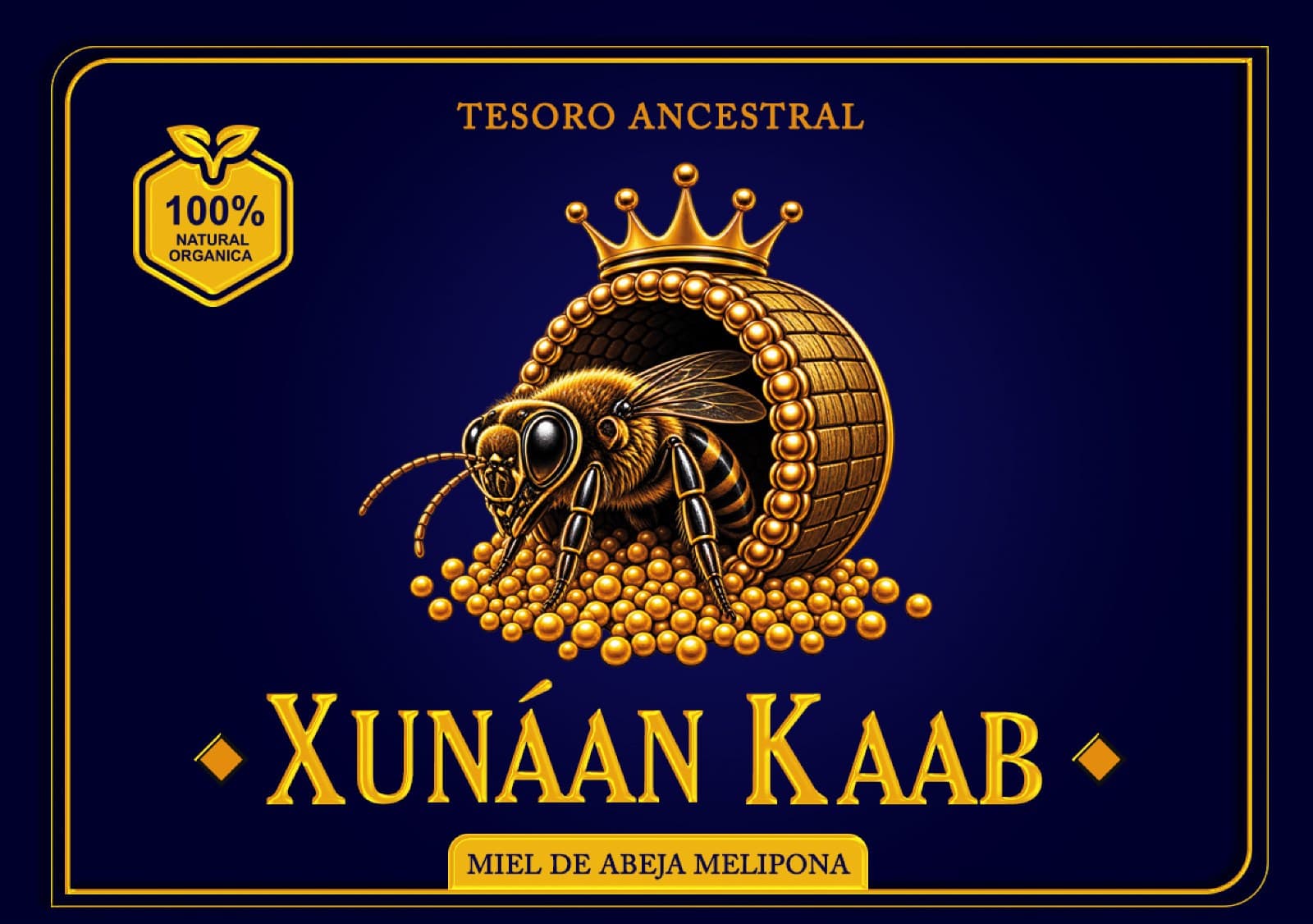 Etiqueta de miel Xunáan Kaab: abeja melipona coronada saliendo de un jobón dorado